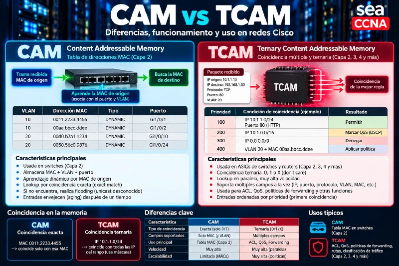 CAM vs TCAM: diferencias y funcionamiento en redes Cisco Comparación entre CAM y TCAM en switches y routers Cisco