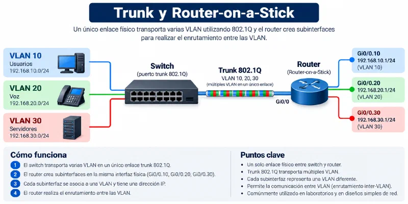 Topología Router-on-a-Stick con VLAN 10, VLAN 20 y VLAN 30 transportadas por un trunk 802.1Q
